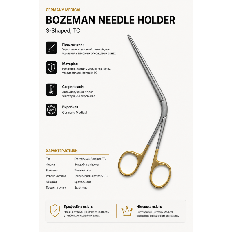 Голкотримач Bozeman TC S-подібний із твердосплавними вставками | Germany Medical
