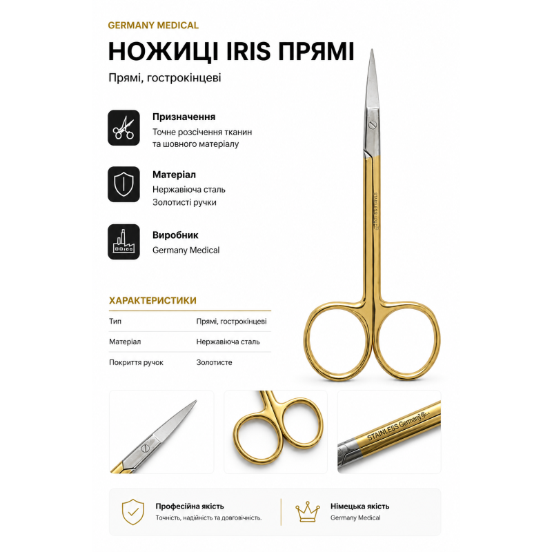 Ножиці Iris прямі гострі, 11,5 см — Germany Medical