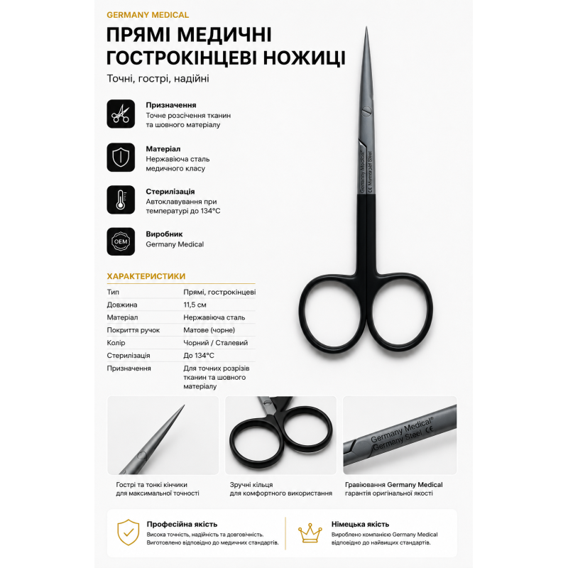 Ножиці хірургічні Iris гострокінцеві, зігнуті